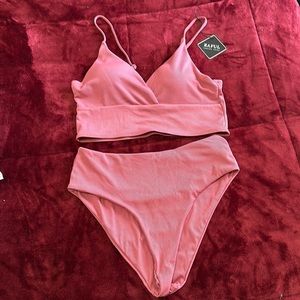 Ribbed High Cut Surplice Bikini High Waisted Two Piece Swimsuit